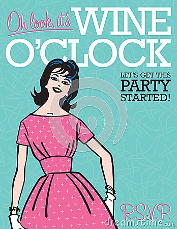 Wine Oâ€™Clock Retro Party Invitation Vector Illustration